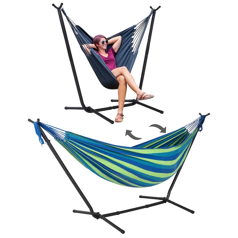 10.7 ft. 2-Person Brazilian-Style hammock with 2-in-1 Convertible Stand - Blue