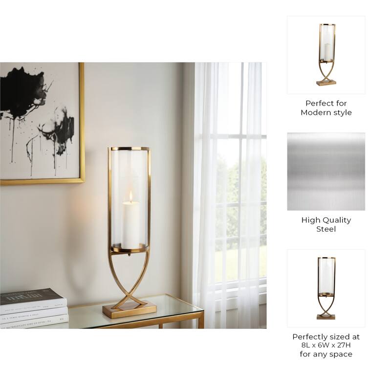 Modern Glass Pillar Candle Holder Decorative Lantern with Steel Frame