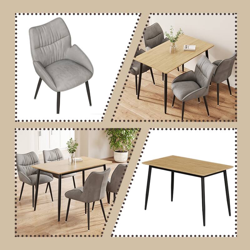 Modern Wood Grain Dining Set with Black Metal Legs, Seats 4-6, 5-Pcs