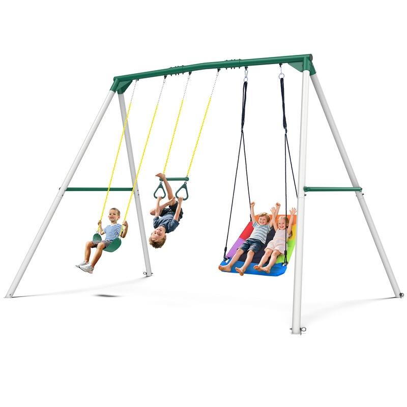 9.5' Tall Heavy Duty Metal Swingset for Backyard Outdoor with Platform Swing, Belt Swing, and Trapeze Bar for Kids