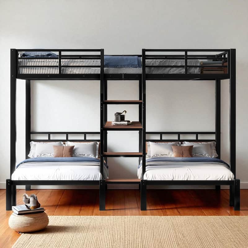 Twin/Queen over Twin over Twin Metal Triple Bunk Bed with Storage Shelves & Built-in Stairs, Black Heavy Duty Frame