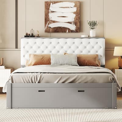 Wood Queen Size Platform Bed with Storage Headboard and Shoe Rack