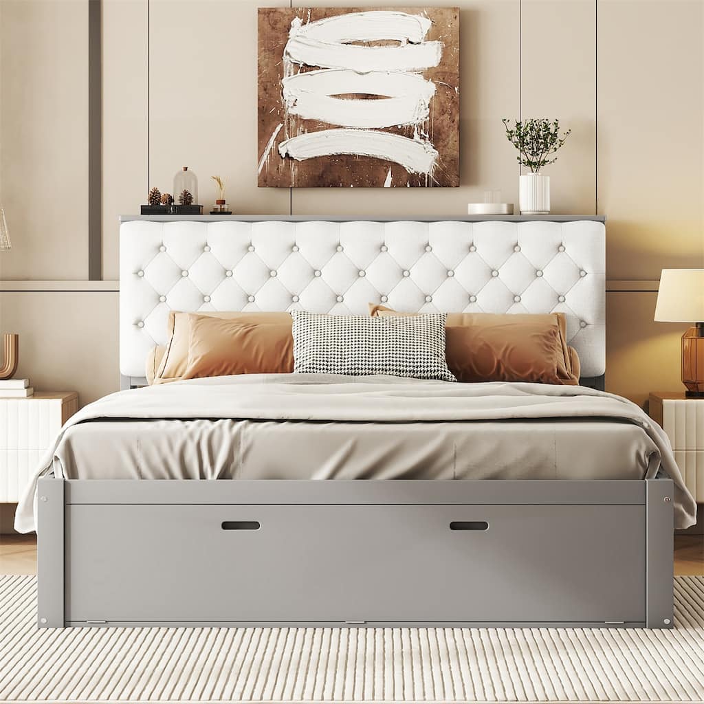 Wood Queen Size Platform Bed with Storage Headboard and Shoe Rack