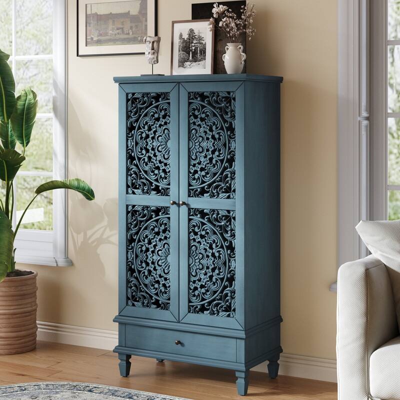 Rustic 55" Tall Storage Cabinet with Drawer, Decorative Carved Wood Accent for Living Room or Dining Area