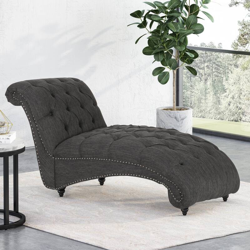 Varnell Contemporary Button Tufted Chaise Lounge by Christopher Knight Home - 64.25" L x 29.00" W x 33.75" H - Charcoal + Dark Brown