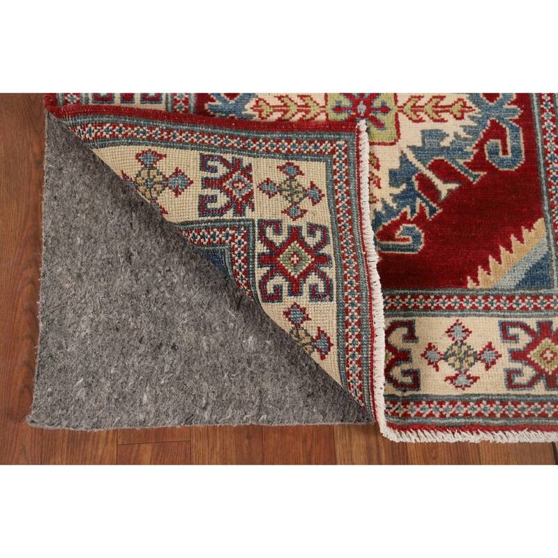 Red Geometric Kazak Runner Rug Handmade Oriental Wool Carpet - 2'9" x 10'1"