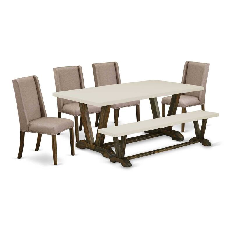 Victorian Dining Set - 6 Piece Kitchen Table Set with Bench & Chairs - Elegant Dark Khaki Fabric