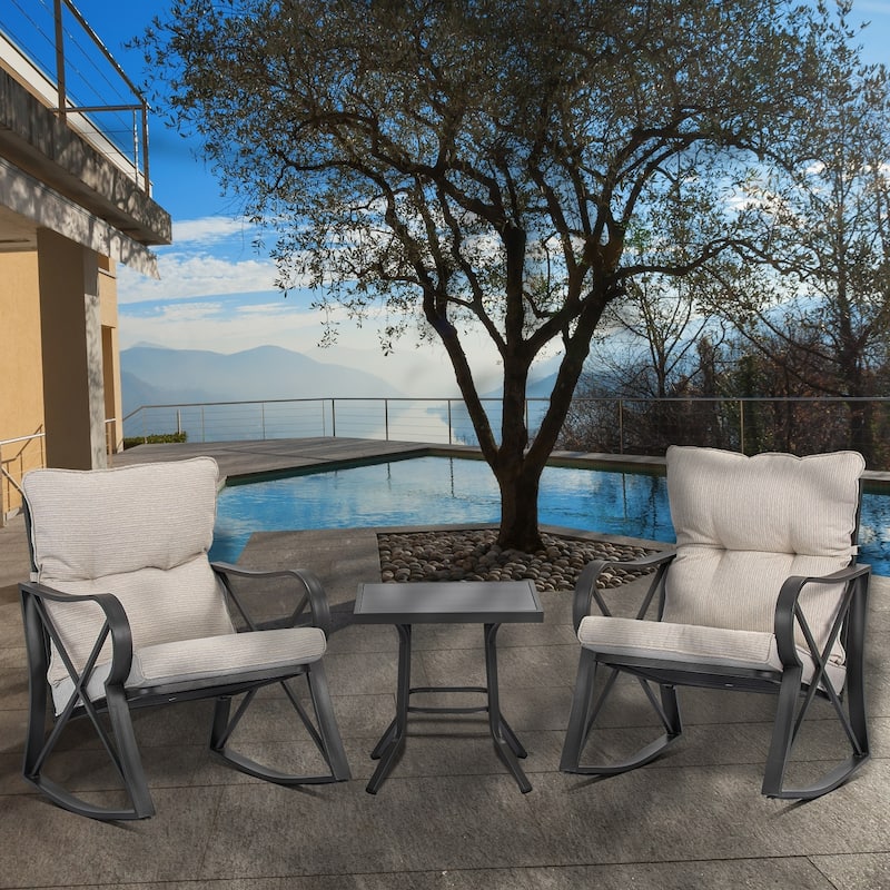 COSIEST 3-piece Outdoor Rocking Chair Chat Set with Side Table - Beige