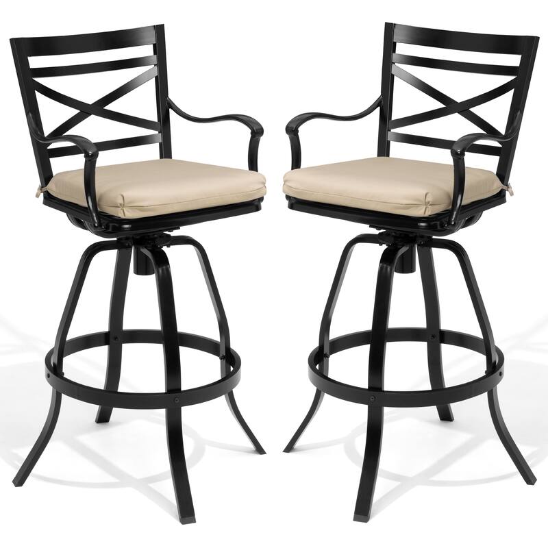 Outdoor Indoor Patio Bar Stools Aluminum Swivel Bar Chair with Sunbrella Cushion - 2-Piece - CanvasAntiqueBeige