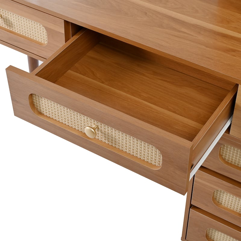 Retro Rattan Makeup Vanity Desk with 5 Drawers and Storage Shelf, Dressing Table with Rectangular Mirror and Touch Light