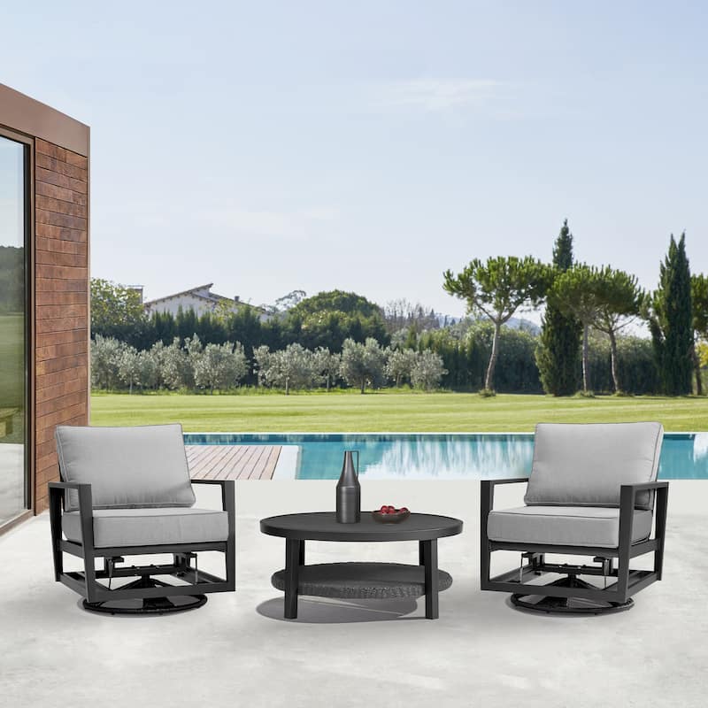 Grand Black Aluminum Slat Top Round Outdoor Coffee Table with Wicker Shelf