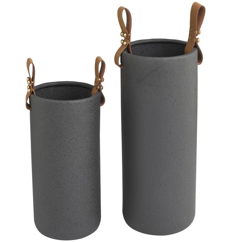 Ceramic Decorative Vase with Leather Handles - Set of 2 Black - Roche River Decor - Black - 15", 12"H
