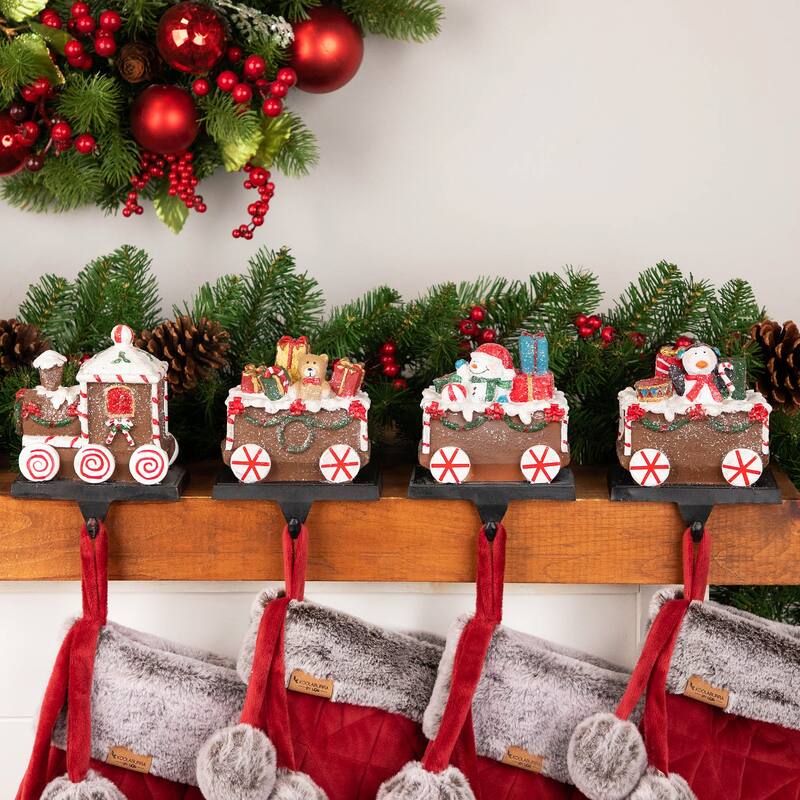 Set of 4 Gingerbread Train Christmas Stocking Holders 4.75"