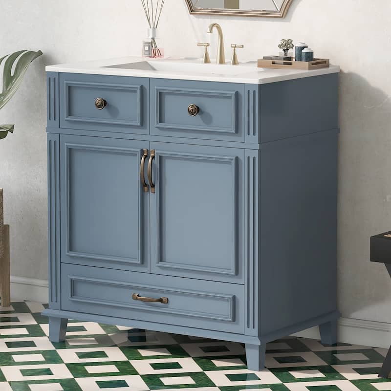 Roomfitters 30" Bathroom Vanity with Ceramic Sink, Solid Wood Cabinet, Soft Closing Doors, Retro Style, Blue