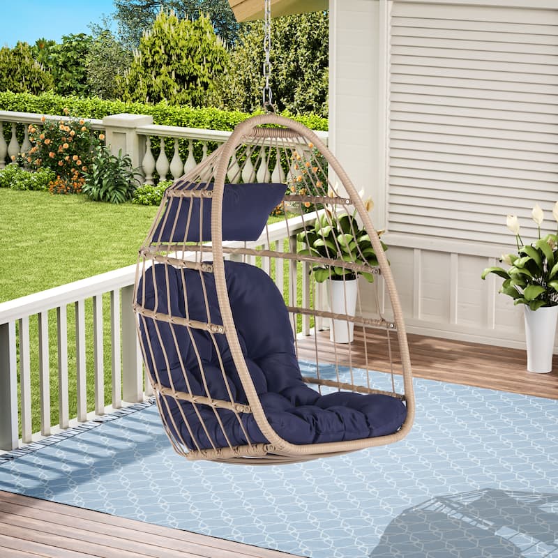 Outdoor Garden Rattan Egg Swing Chair, Hanging Chair Wood with Waterproof Cushions, Galvanized Steel Frame for Patio, Garden