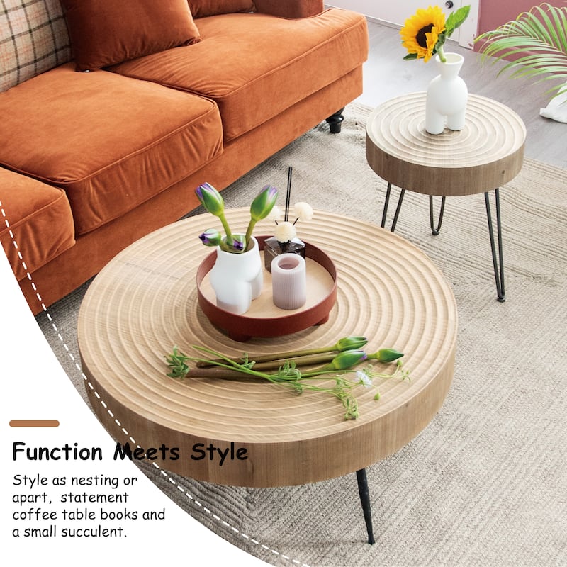 COZAYH 2-Piece Farmhouse Living Room Coffee Table Set, Nesting Coffee Table Round Natural Wood Finish