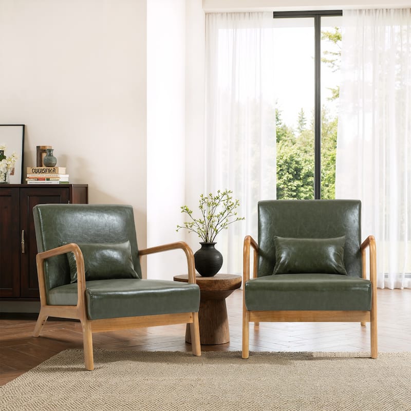 2 Set Mid-Century Modern Faux Leather Accent Chairs with Cushion - Green/Natural wood