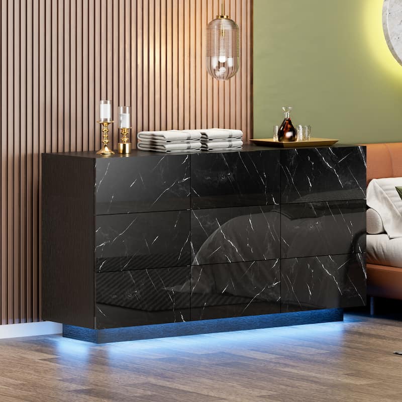 9 Drawers Chest Of Dresser Storage Tower Cabinet Bedroom Organizer with Light - Marble Black