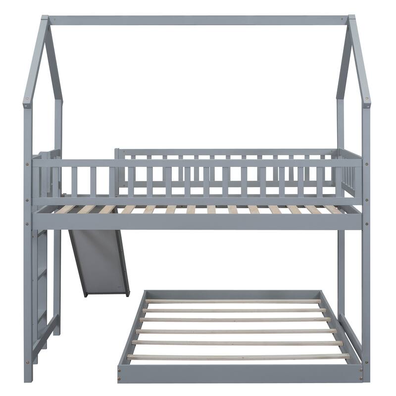 Kids Twin Over Full Bunk Bed with Slide, House Roof Design, and Built-in Ladder