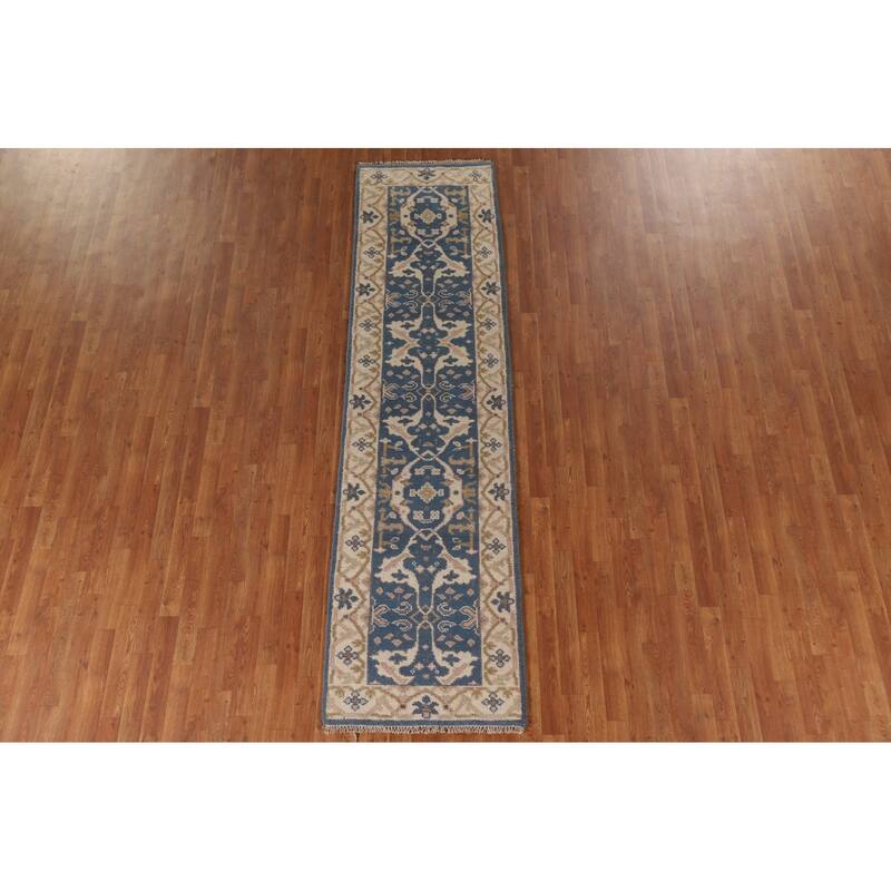 Blue Oushak Indian Runner Rug Handmade Wool Carpet - 2'6"x 9'9"
