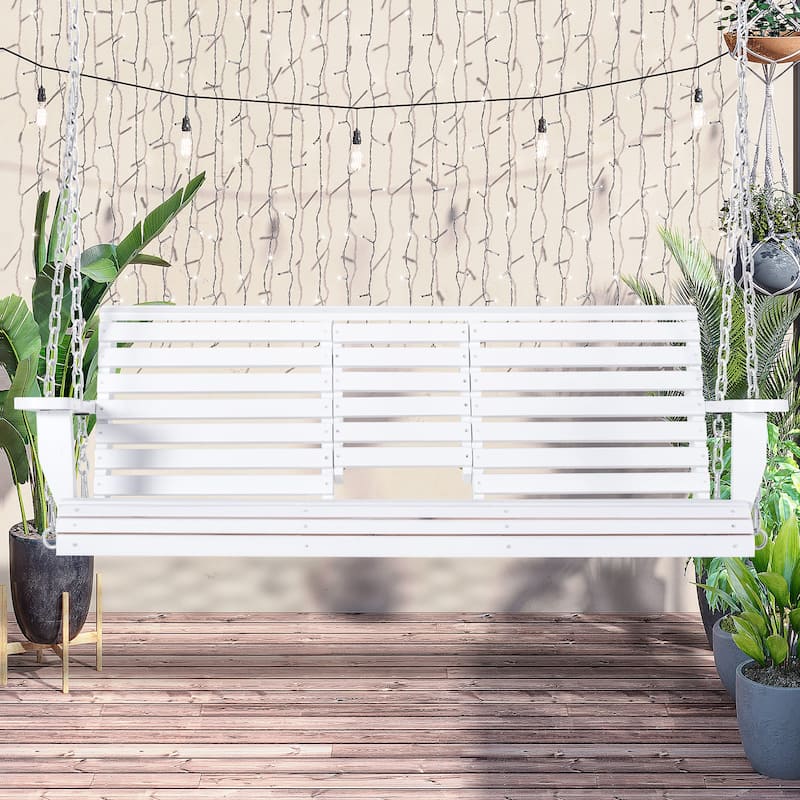 Outsunny 3-Seater Wooden Porch Swing Bench with Folding Coffee Table, Durable PU Coating, Chains Included - 59" x 29.5" x 20.75" - White