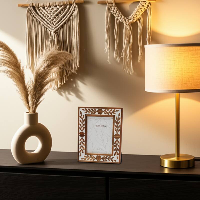 Wood Glass Decorative Photo Frame Handcrafted Boho for Home Display - Tan - 7.5" x 0.75" x 9.5"