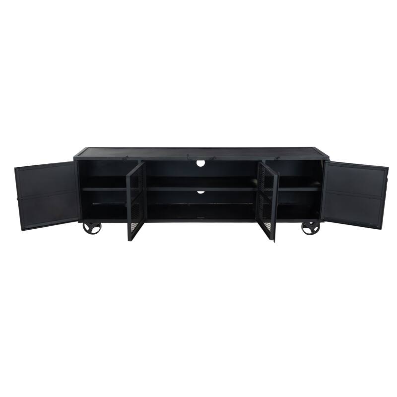 Industrial Black Metal TV Stand - 70.5" Entertainment Console with Storage, Grated Doors & Locking Wheels