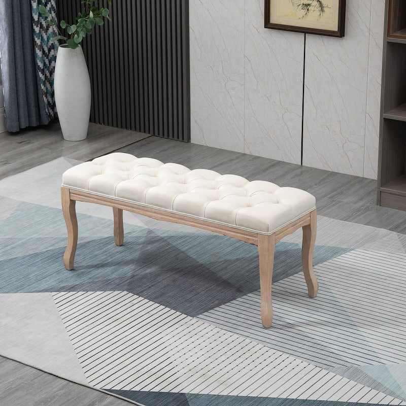 HOMCOM 43" Upholstered Entryway Bench, Linen Fabric Ottoman Stool - Beige
