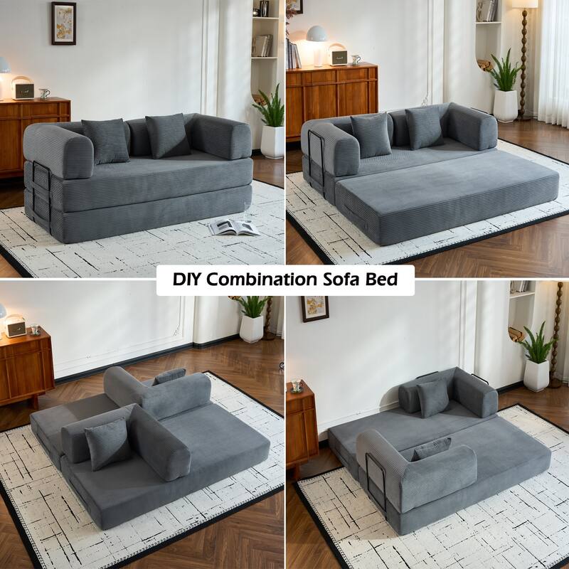 Convertible Corduroy Sleeper Sofa Bed, 4-in-1 Folding Mattress Couch with Cylindrical Pillow & Fixed-Shape Frame, No-Assembly