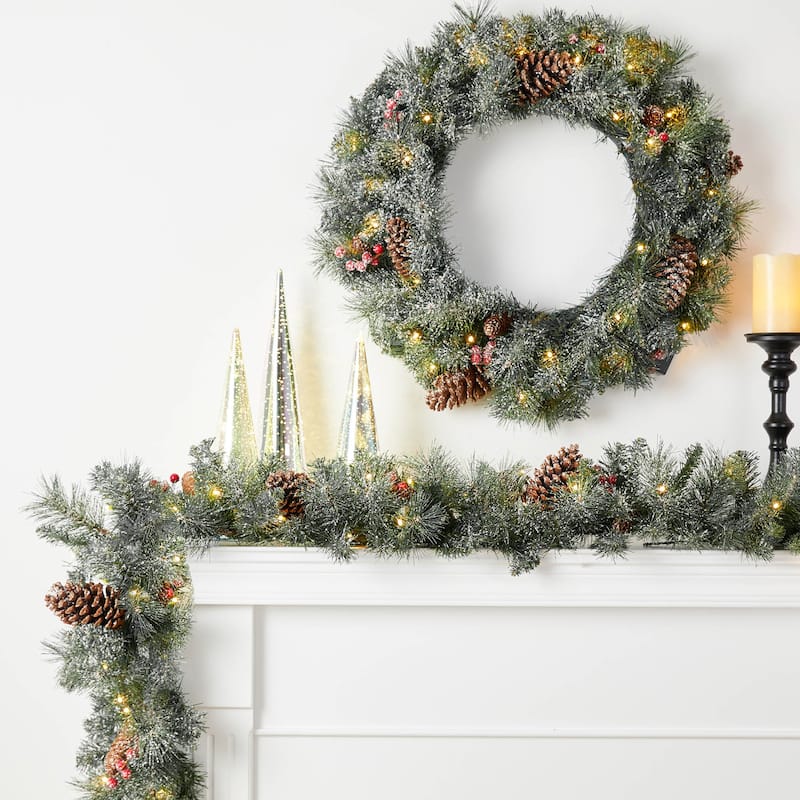 Glitzhome Glittered Pine Cone Christmas Wreath or Garland with LED Light and Timer