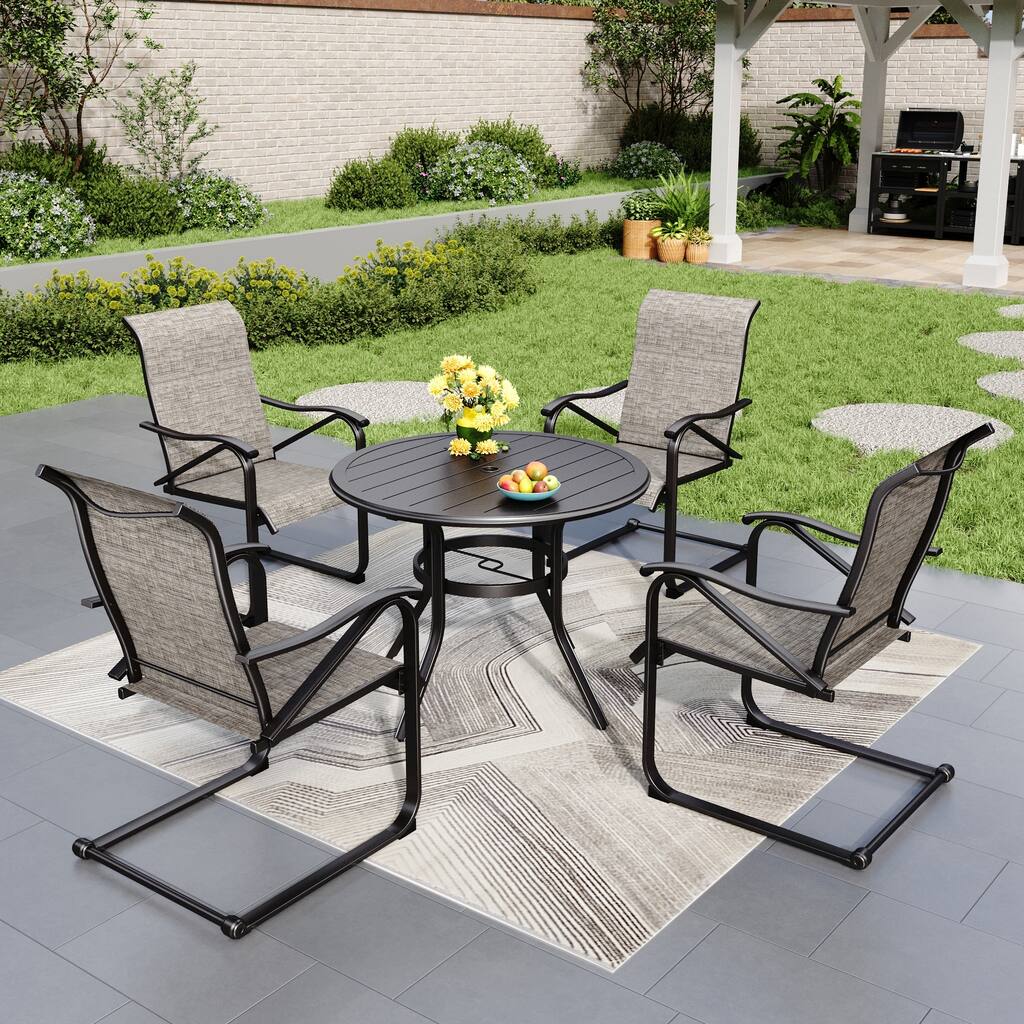 5 Piece Metal Patio Dining Set, 4 Motion Textilene Metal Rocker Chairs and 37.8" Round Table with 1.57" Umbrella Hole