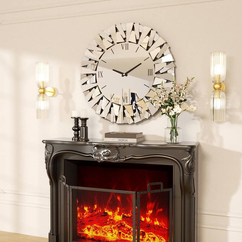 Round Beveled Edge Mirrored Wall Clock Decor with Roman Numerals Glass Clock