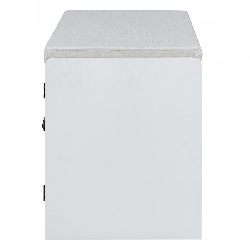 Rustic Storage Bench Multifunctional Wood Entryway Shoe Bench with Removable Cushion, Woven Rattan Doors & Adjustable Shelves