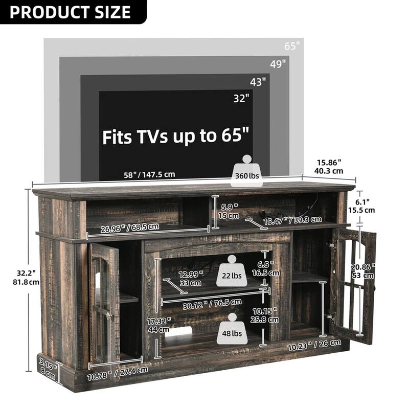 Farmhouse LED TV 65.7" Stand with Power Outlets Rustic Brown - 65 inches