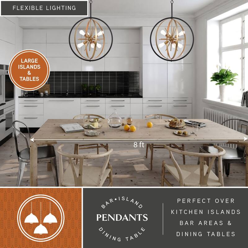 Estelle 26.75-in Brass and Black Mid Century Modern 6 Light Globe Sputnik Hanging Ceiling Pendant Chandelier - Natural Brass and Matte Black - 26.75-in W x 38-in H x 24.5-in D