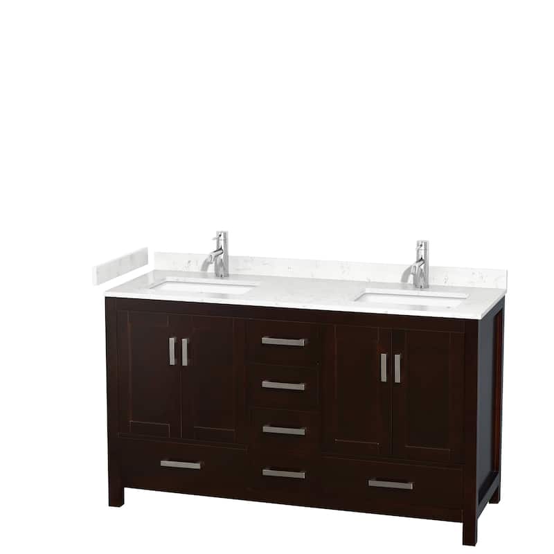 Sheffield Double Bathroom Vanity Set, Cultured Top, No Mirror - 60-Inch Double - Espresso, Carrara Cultured Marble Top, Chrome Trim