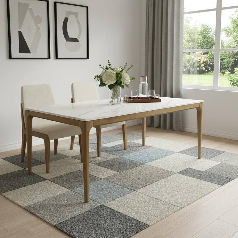 HomeRoots 79" White and Oak Faux Marble and Wood Dining Table - 78.70 in. x 29.50 in. x 39.80 in. - White - 78.70 in. x 29.50 in.  x 39.80 in.