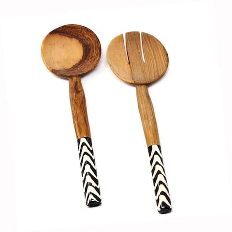 Handmade Olive Wood Serving Utensils with Natural Batik Bone Handles (Kenya)