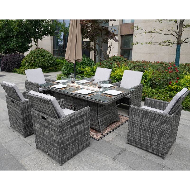 7-Piece Patio Wicker Rectangle Firepit Table with Chairs
