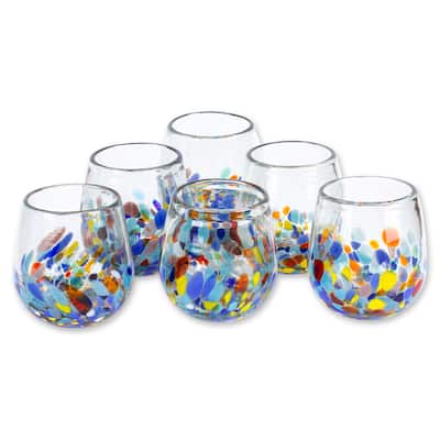 Novica Handmade Confetti Festival Handblown Recycled Glass Wine Glasses (Set Of 6)