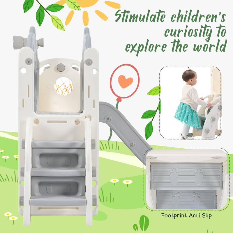 Freestanding Spaceship Set with Slide, Arch Tunnel and Basketball Hoop, Toy Storage Organizer for Toddlers, Kids Climbers