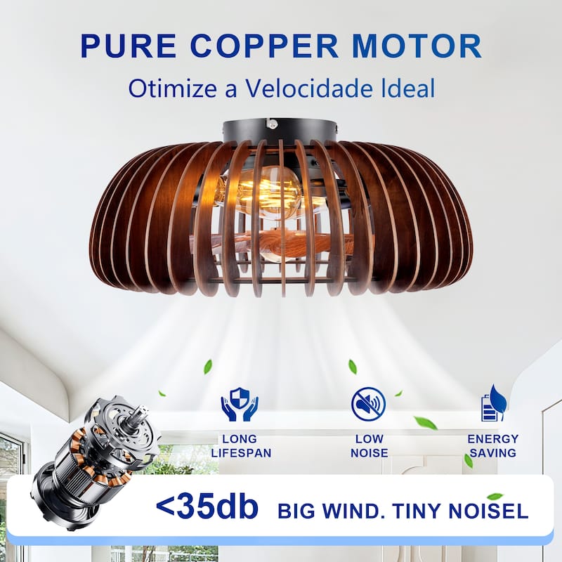 19.7" Farmhouse Flush Mount Ceiling Fans with Lights and Remote Control, Rustic Low Profile Wood Ceiling Fan