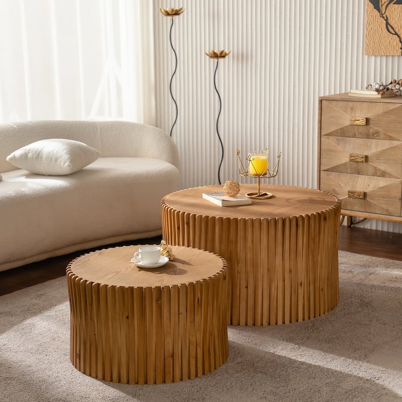 Fashion Style Nesting Coffee Table Set with Vertical Textured Embossed Design for Living Room, Office and Dining Room(Set of 2)