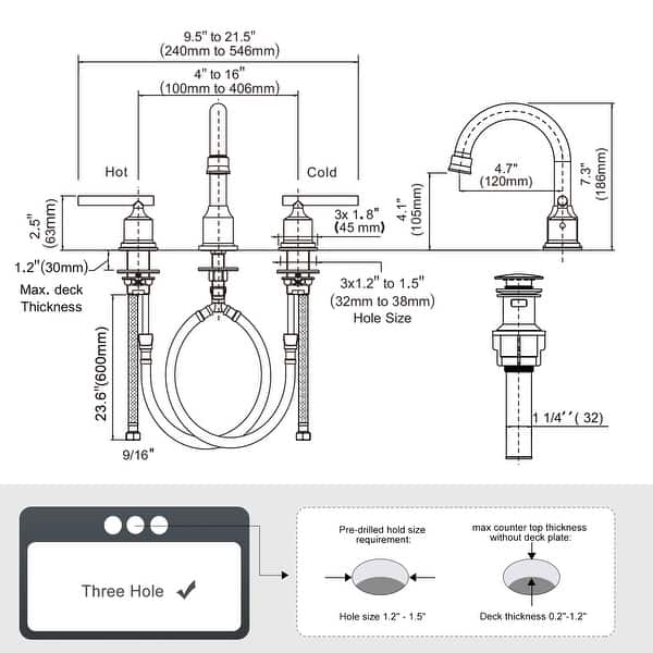 dimension image slide 1 of 5, WOWOW 8 in. Widespread Double-Handle Bathroom Faucet with Drain Kit