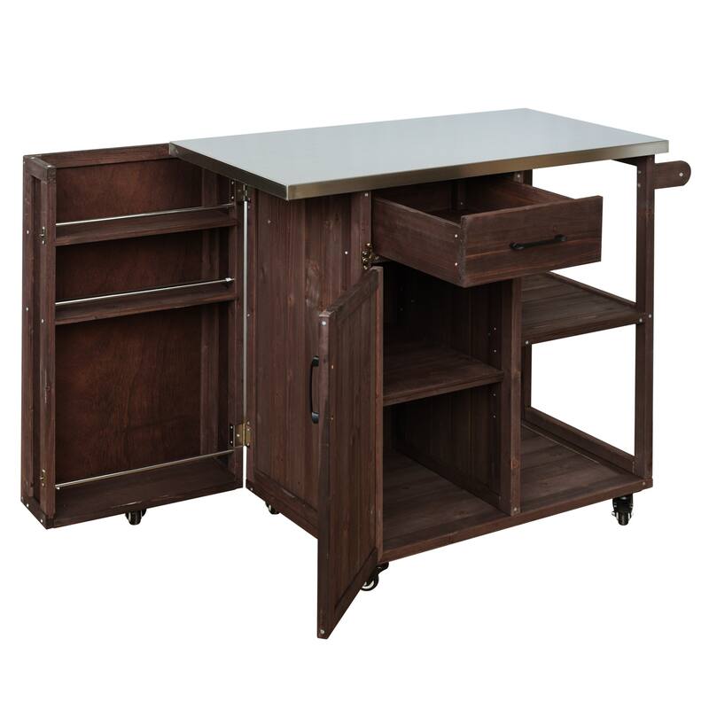 Fir Wood Outdoor Kitchen Prep Station Cart with Stainless Steel Top & Towel Rack
