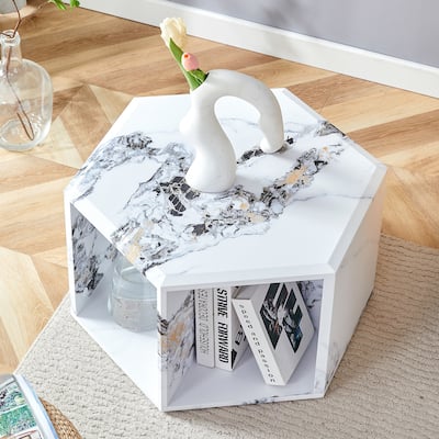 Hexagonal MDF coffee table, characteristic pattern stickers, multi-hole design to give more storage space
