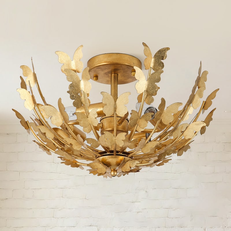 Antique Gold Butterfly Bowl 4-Light Semi Flush Mount Ceiling Light - 17.7"Wx10.4"H