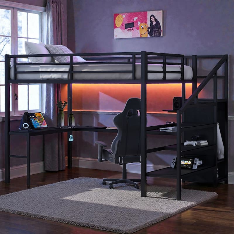 Queen Size Metal Loft Bed with L-Shaped Desk, Wardrobe, USB Charging Station, LED Lights, Storage Stairs, Adjustable Shelf