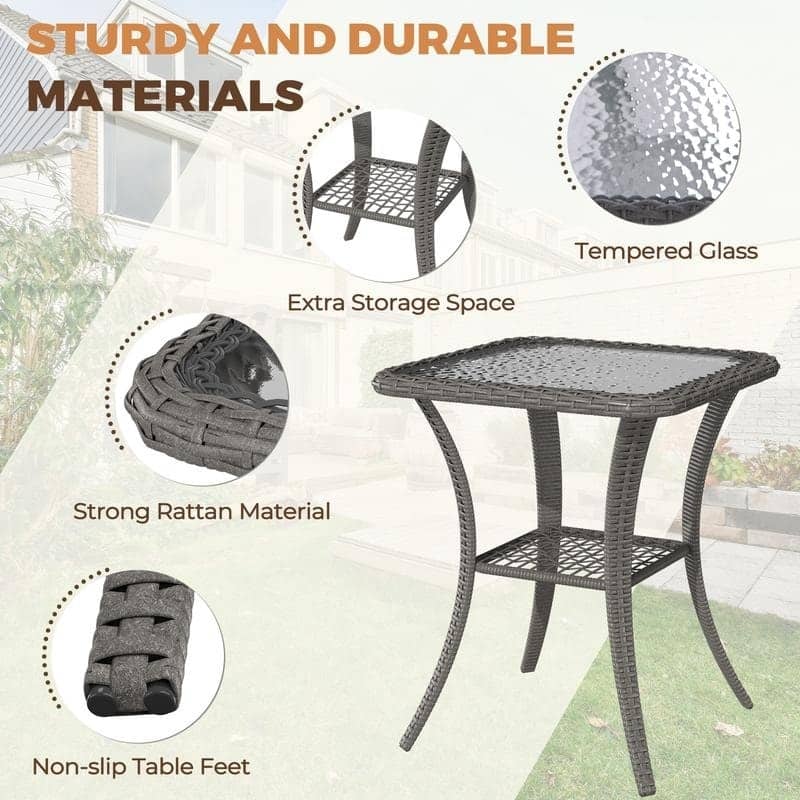 Outdoor Swivel Rocker Bistro Set - 3 Piece Wicker Patio Set with Swivel Rocking Chairs, Cushions, and Tempered Glass Side Table