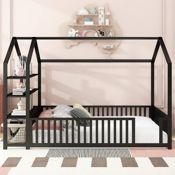 slide 2 of 12, Black Full Size House Bed for Kids, Metal Montessori Floor Bed Frame with Fence for Boys, Girls, Detachable Storage Shelves